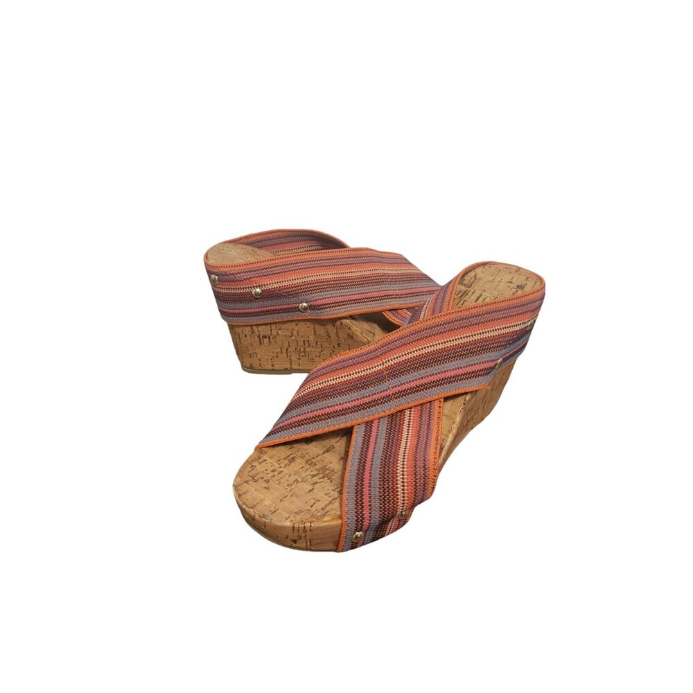 Montego Bay Wedges Women 8 Orange Multicolor Braided Straps Cork Heel
